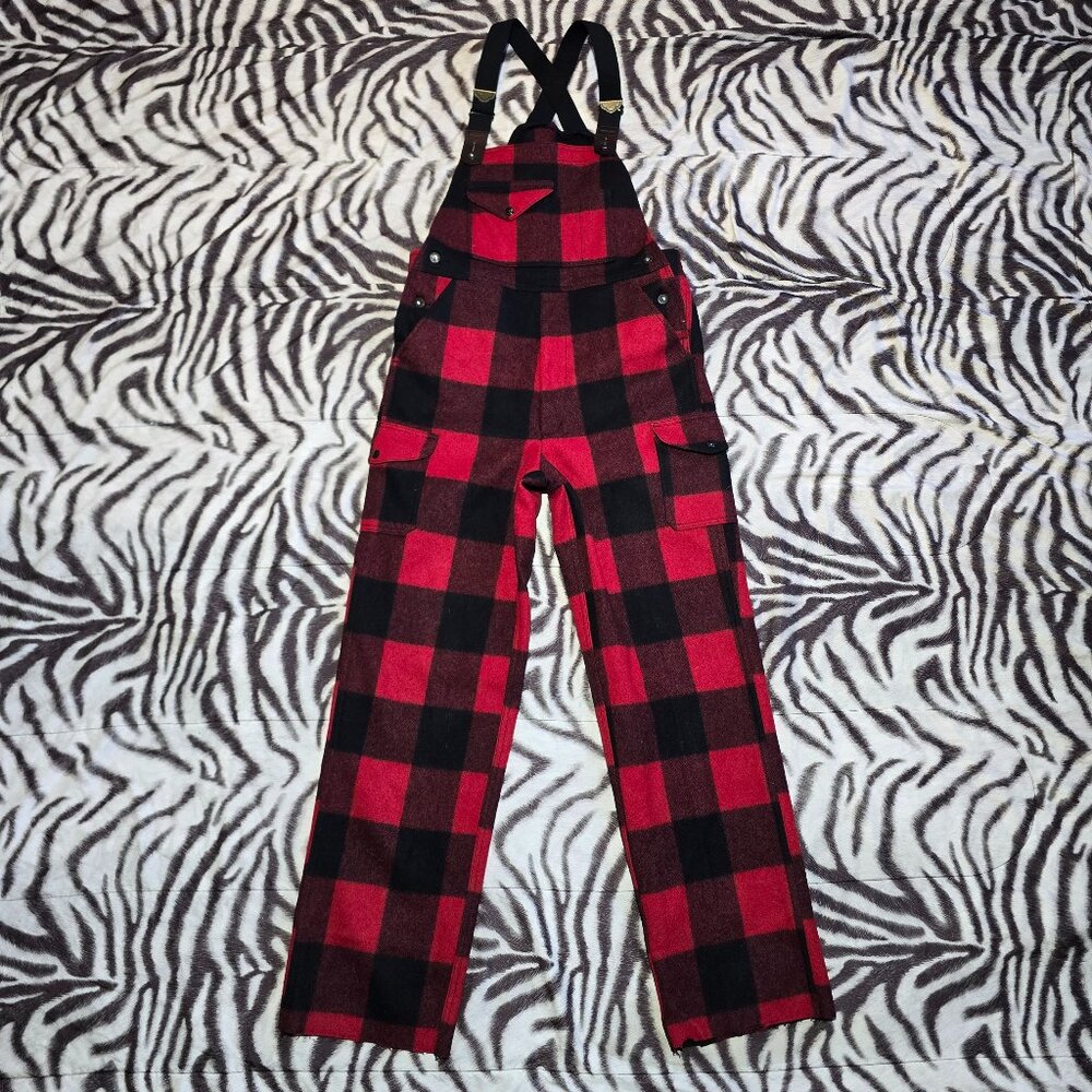 Filson Mackinaw Wool Bib Overall Red Black Buffalo Plaid Made in USA Unhemmed 36